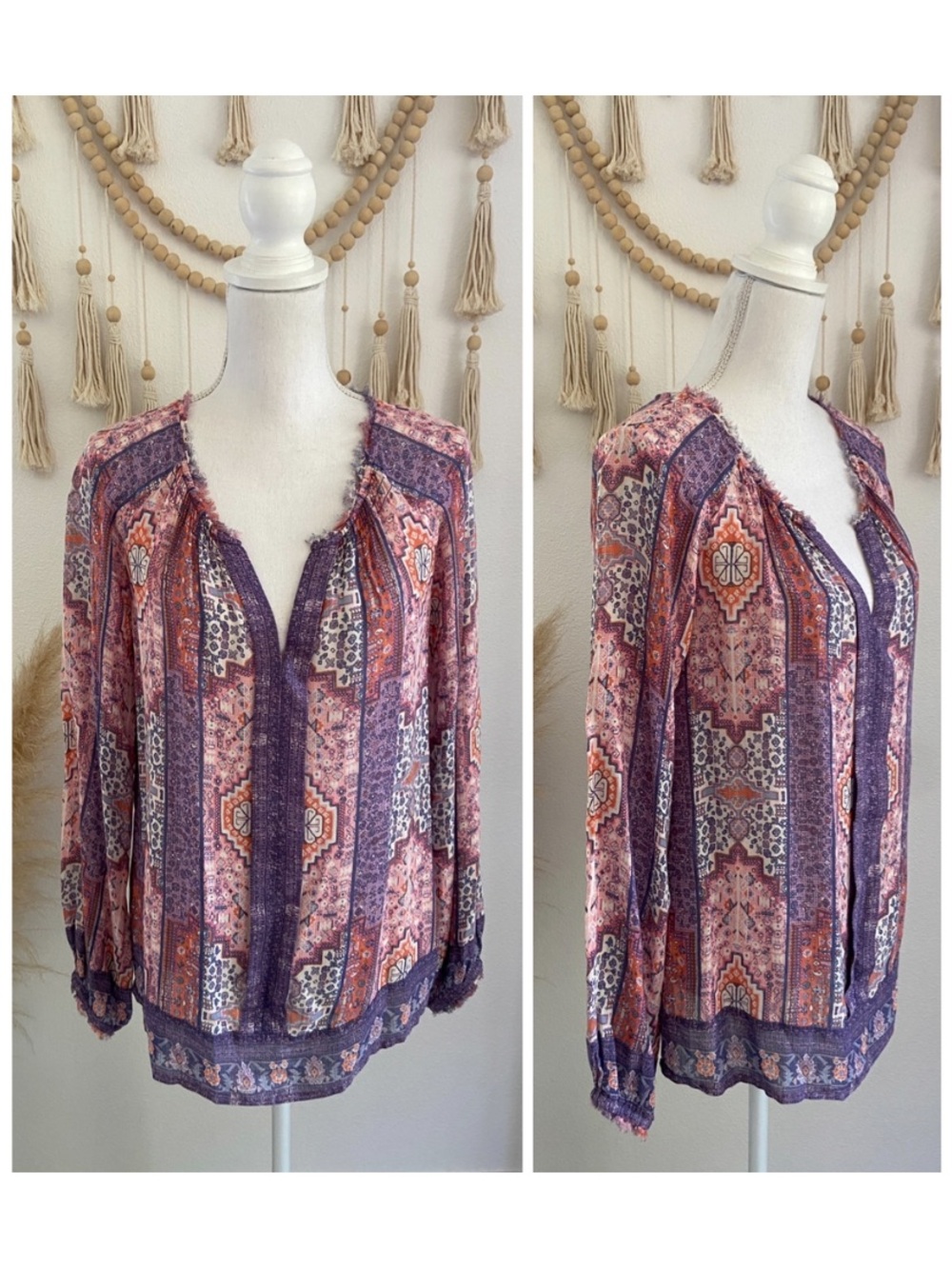Lucky Brand bandana print gauze blouse purple pink long sleeve tunic small